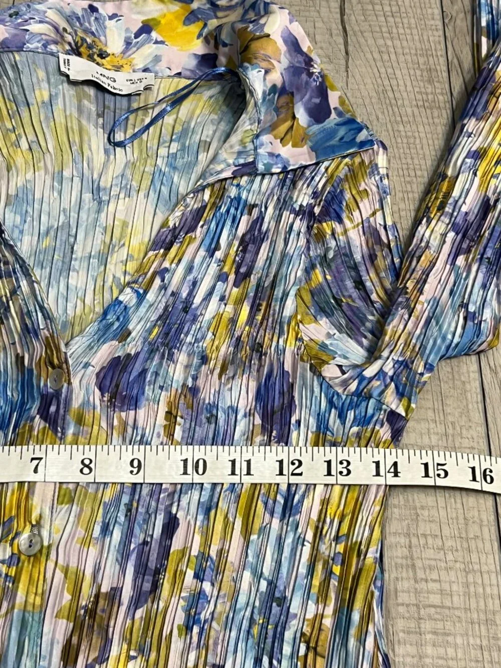 MNG Mango Blue Floral Pleated Long Sleeve Blouse Size 8 Y2K Fairy Italian Fabric